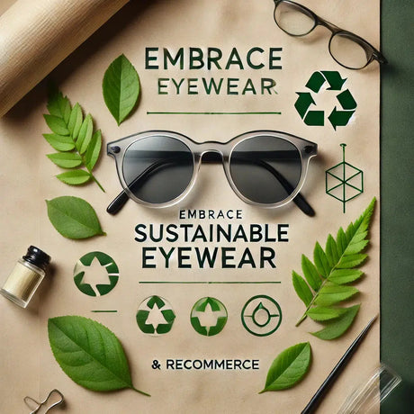 A visually appealing and modern graphic for a blog post about sustainable eyewear and recommerce. The image features a pair of stylish sunglasses rest