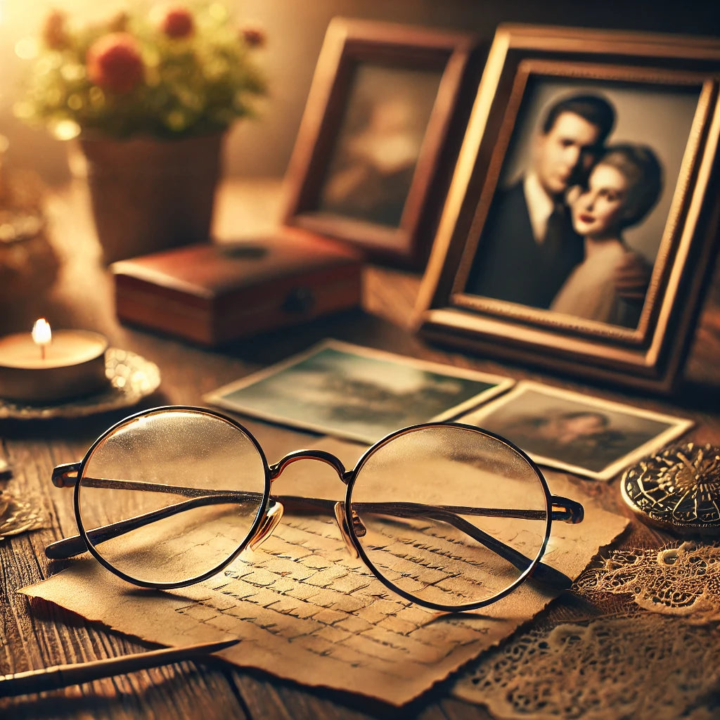A heartfelt image showcasing a pair of vintage eyeglasses resting on a wooden table, surrounded by sentimental items like a family photo, an old love