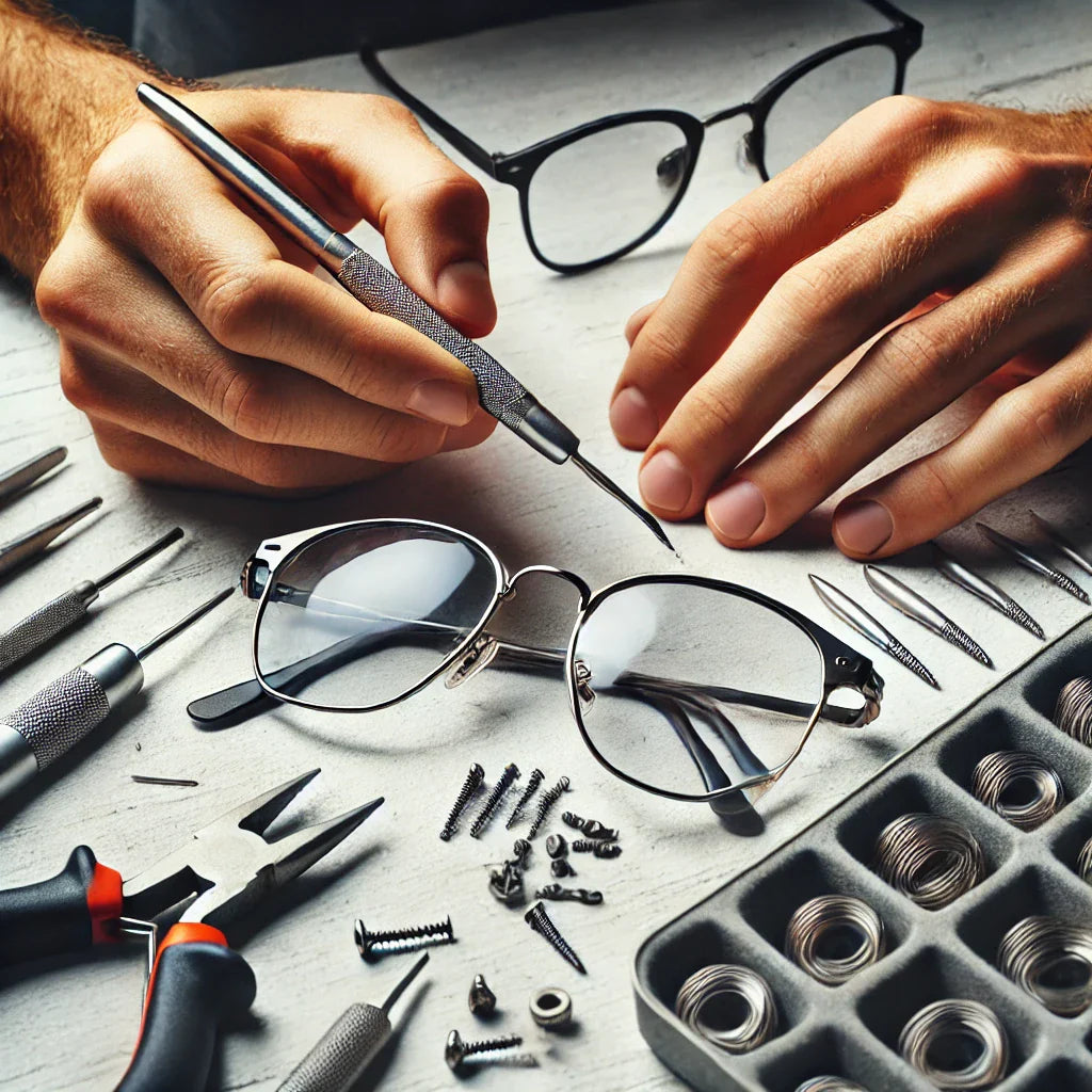 clean, well-lit image of a person repairing metal sunglasses, featuring essential tools like precision screwdrivers, pliers, nose pads, and replacement lenses