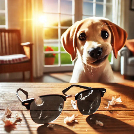 A playful dog looking guilty next to a pair of chewed-up sunglasses on a table. The sunglasses are in disarray, with visible bite marks and scratches 