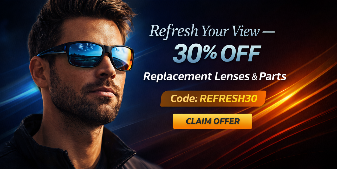 Man wearing reflective sunglasses with promotional banner offering 30% off replacement lenses and parts, featuring discount code REFRESH30 and call to action to shop now.